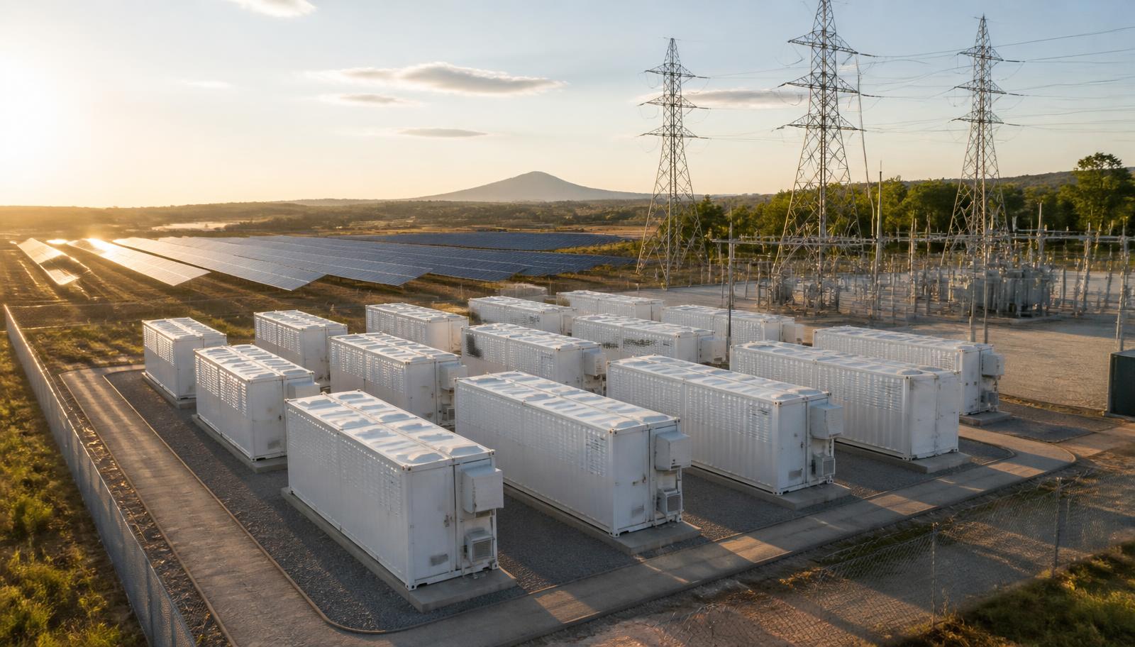 Sistema de armazenamento de energia por baterias (BESS) em escala industrial, com contêineres de baterias, linhas de transmissão e parque solar ao fundo no fim da tarde.