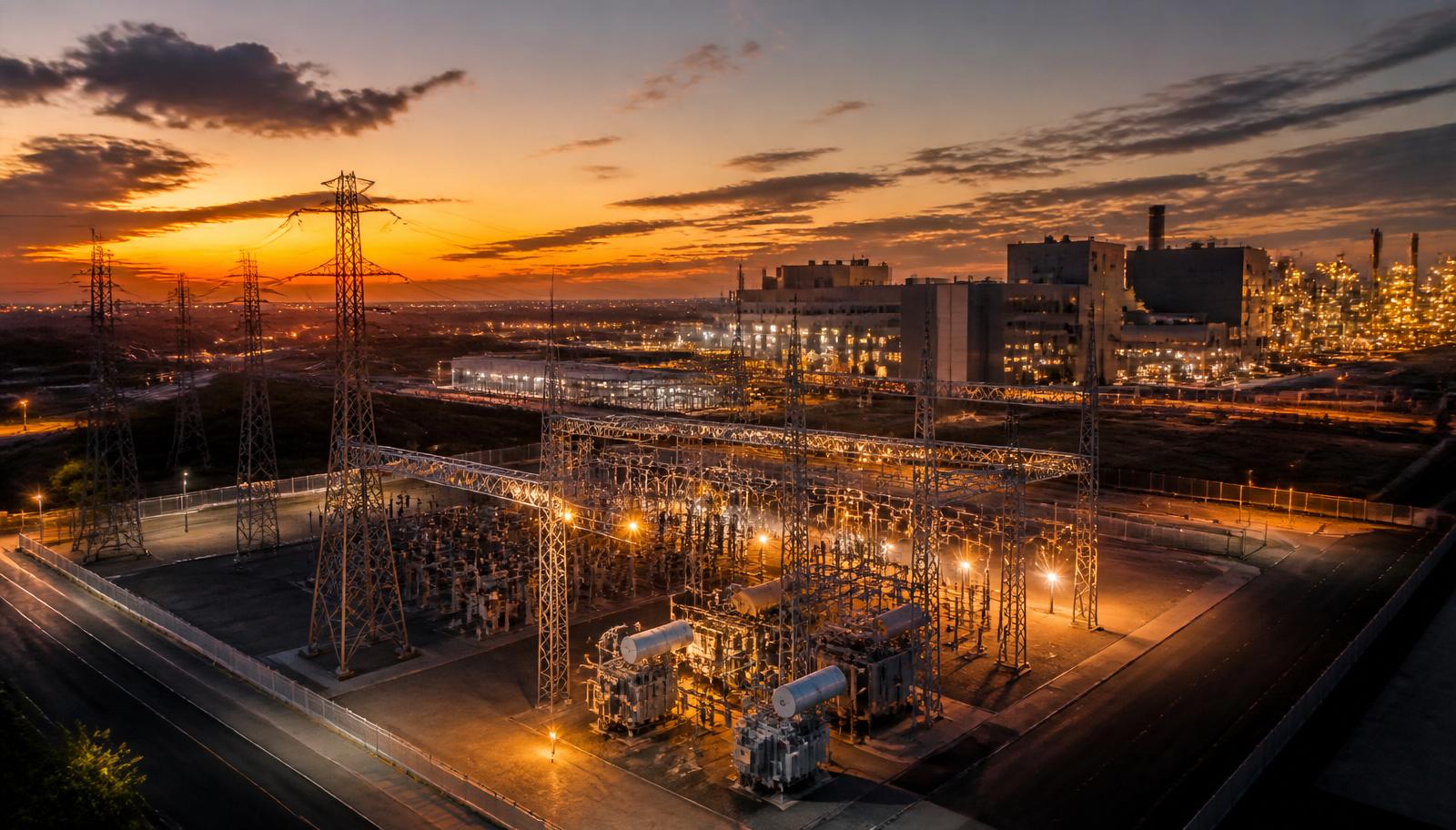 Subestação de energia elétrica de alta tensão em complexo industrial ao entardecer, representando o custo estratégico da energia empresarial.